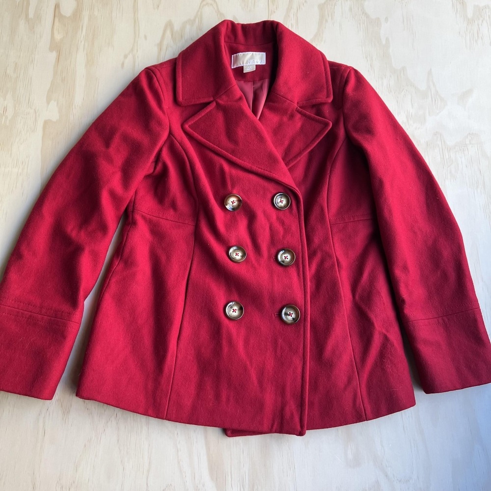 Michael Michael Kors Pea Coat Womens Medium Red Wool Double Breasted Lined Short